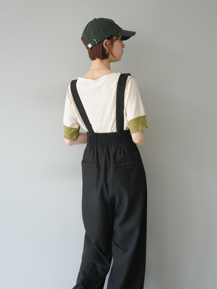 [SET]プリーツ配色ボートネックプルオーバー+ゴールドボタンサスペンダーワイドパンツ(2set)