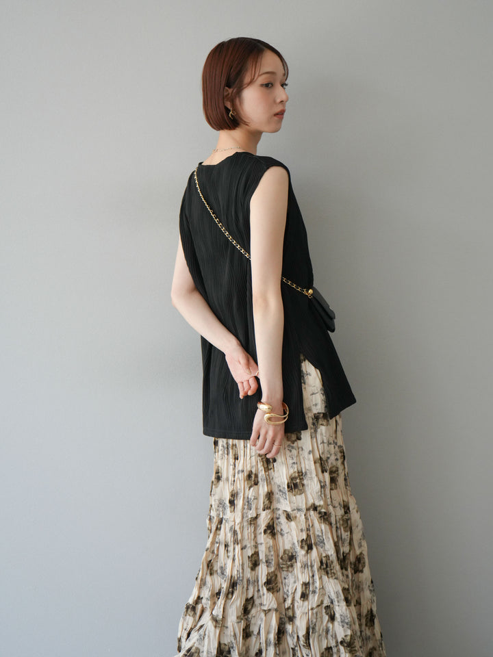 [SET]ウェーブパイピングVネックベスト+フラワーワッシャーロングスカート(2set)