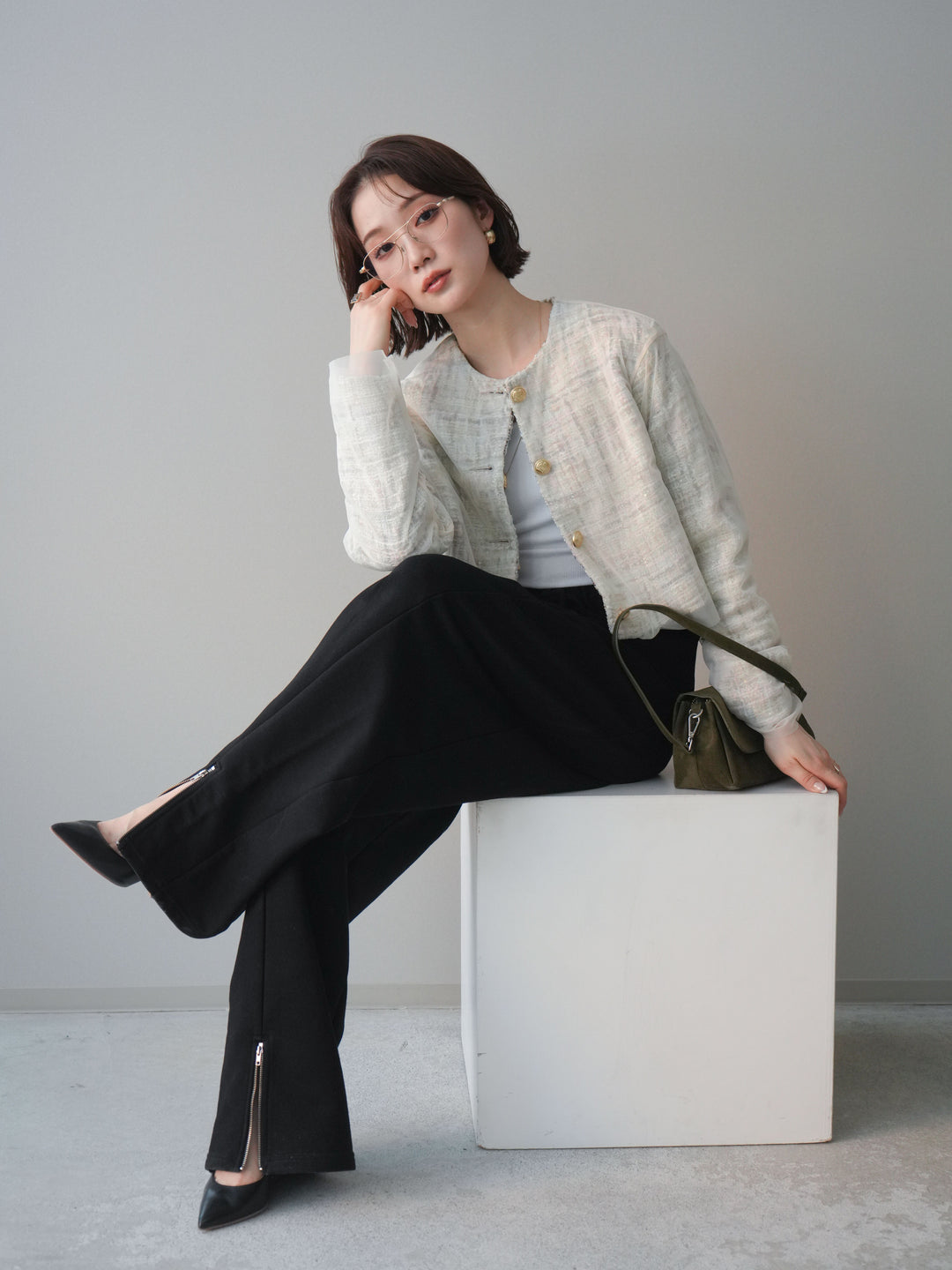 [SET]チュールレイヤードツイードクロップドジャケット+裾ZIPスエットワイドパンツ(2set)