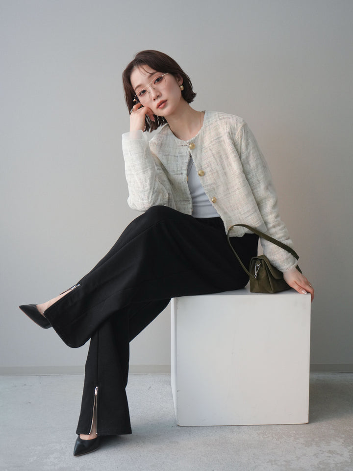 [SET]チュールレイヤードツイードクロップドジャケット+裾ZIPスエットワイドパンツ(2set)