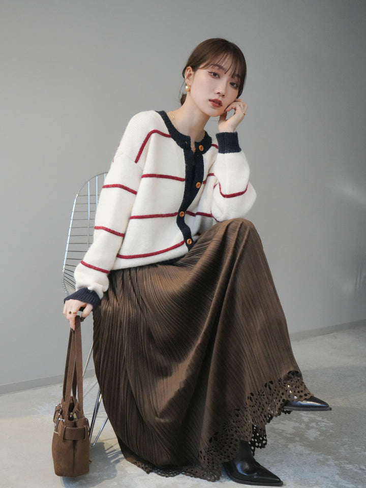 [予約]配色ボーダーニットカーディガン/red