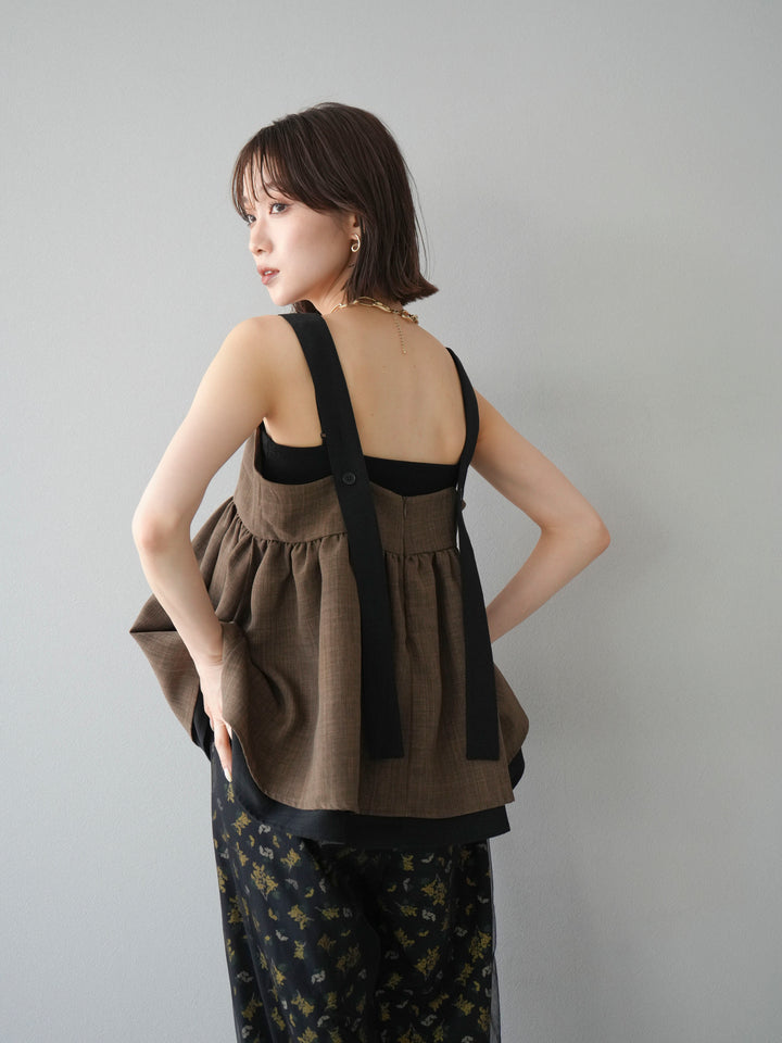 [SET]リネンライク配色フレアタンクトップ+コード刺繍チュールレイヤードパンツ+ブーケプリントタックパンツ(3set)