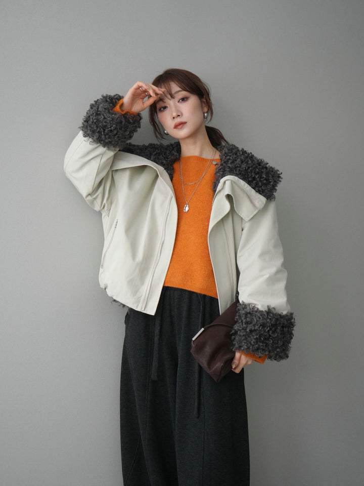 [SET]プードルファーダウンジャケット+アンゴラタッチボートネッククロップドプルオーバー+ウエストベルトカーブラインスエットパンツ(3set)