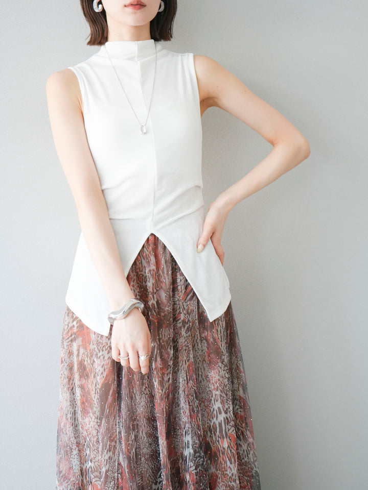 [予約]フロントスリットレーヨンニットトップス/ホワイト