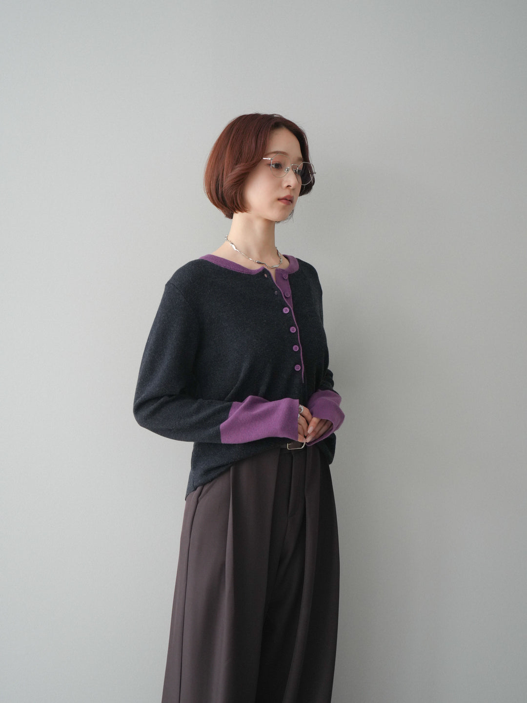 [SET]ヘンリーネック配色ニットソー+ベルトループデザインワイドパンツ(2set)