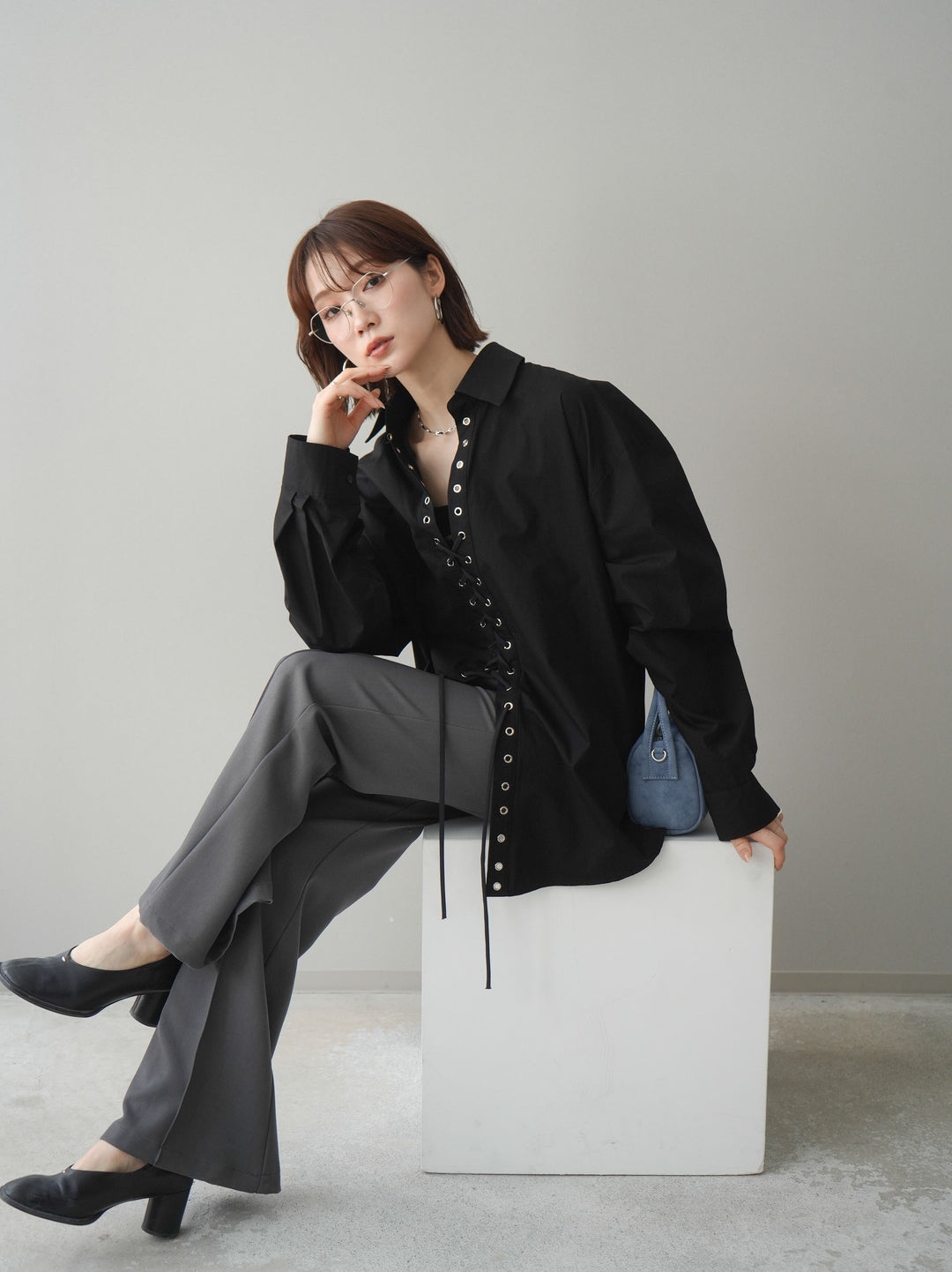 [SET]レースアップブロードシャツ+選べるアクセセット(2set)