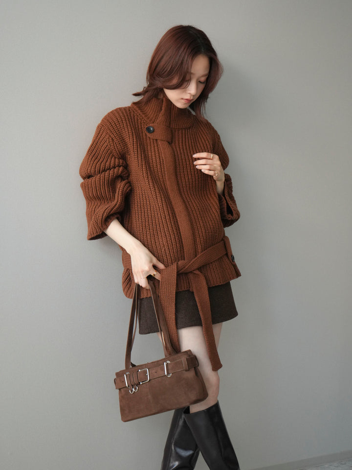 [予約]畦編みボトルネックZIPニットカーディガン/brown