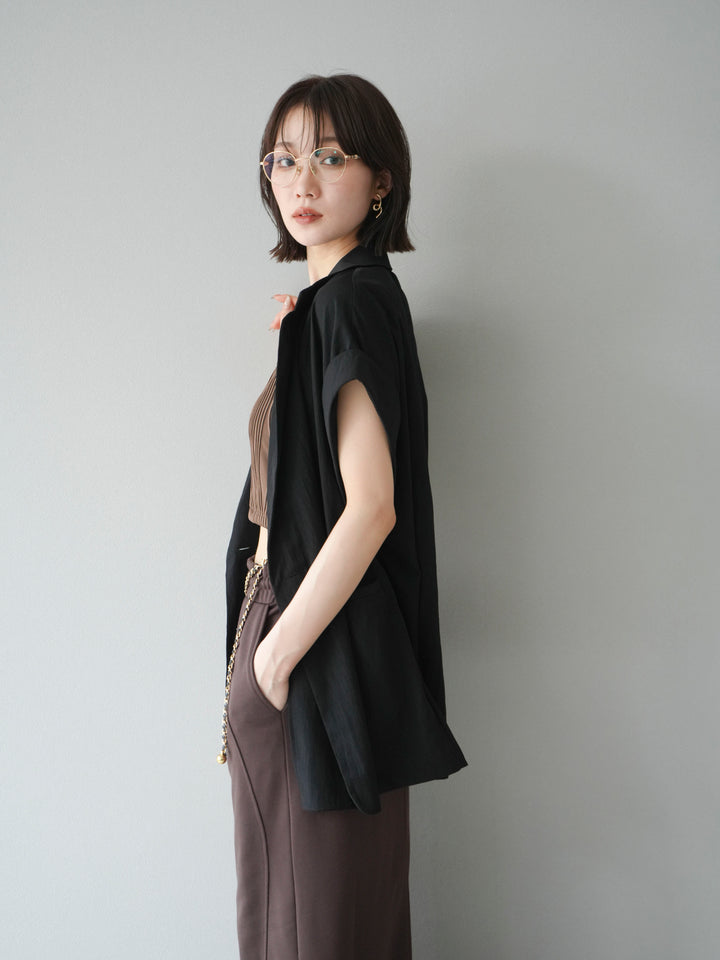 [SET]リネンライクノースリーブダブルジレ+ウェーブパイピングカップ付ベアキャミソール(2set)