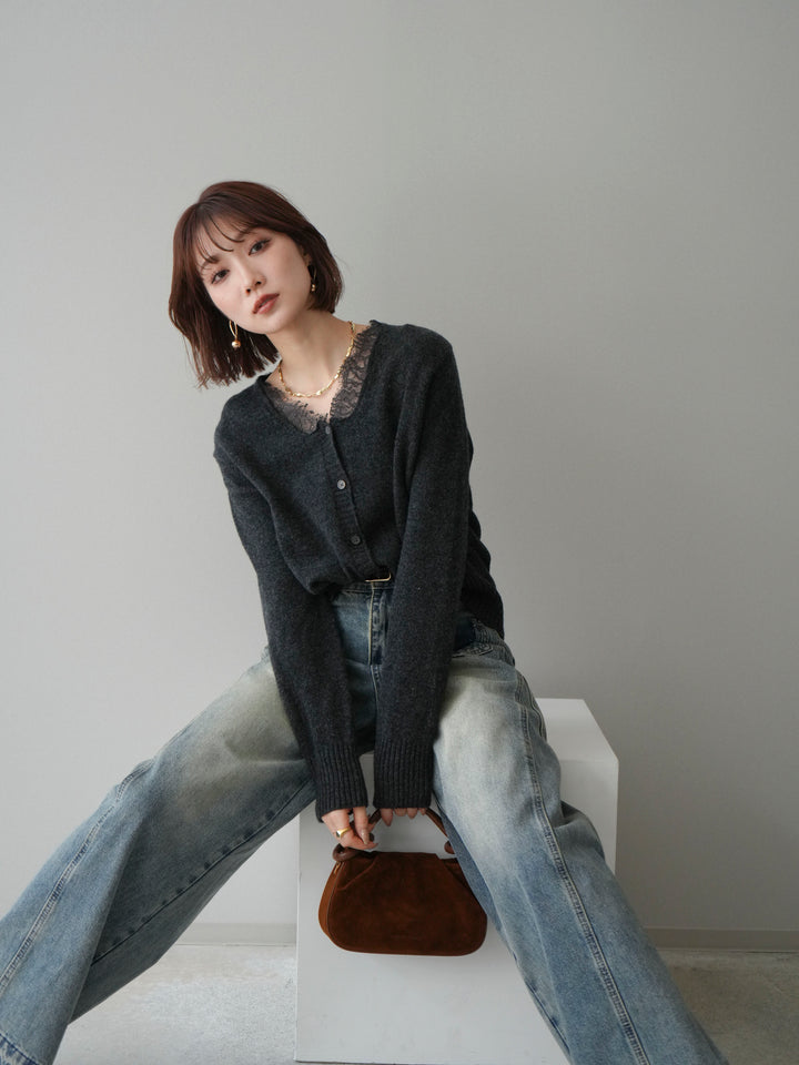 [SET]レースネックニットカーディガン+染めデザインポケットデニムパンツ(2set)