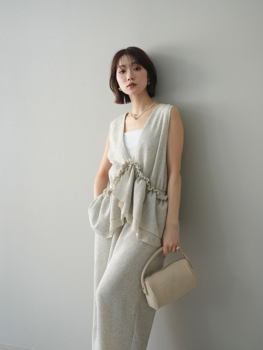 [SET]3WAYミックスツイードギャザーオールインワン+選べるアクセセット(2set)