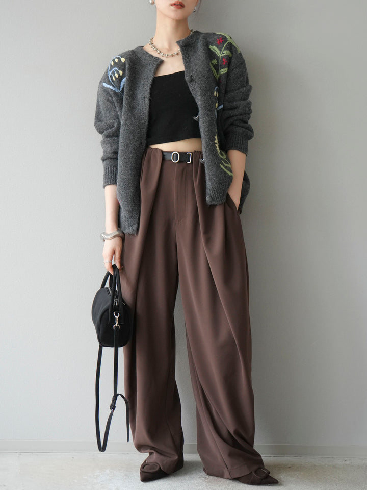 [SET]フラワー刺繍ニットカーディガン+ベルト付タックワイドパンツ(2set)