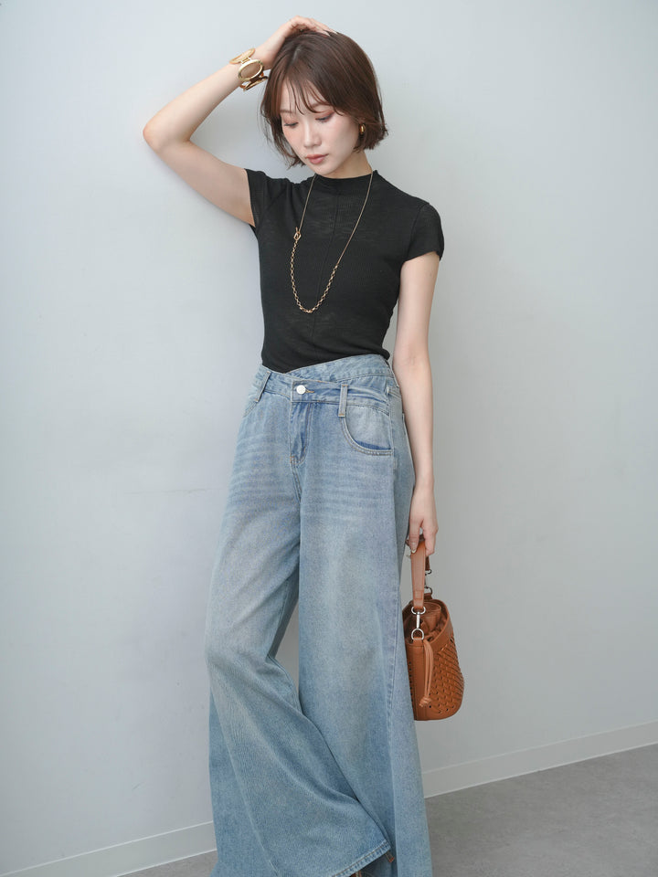 [予約]シアーバックボタンリブニットトップス/black