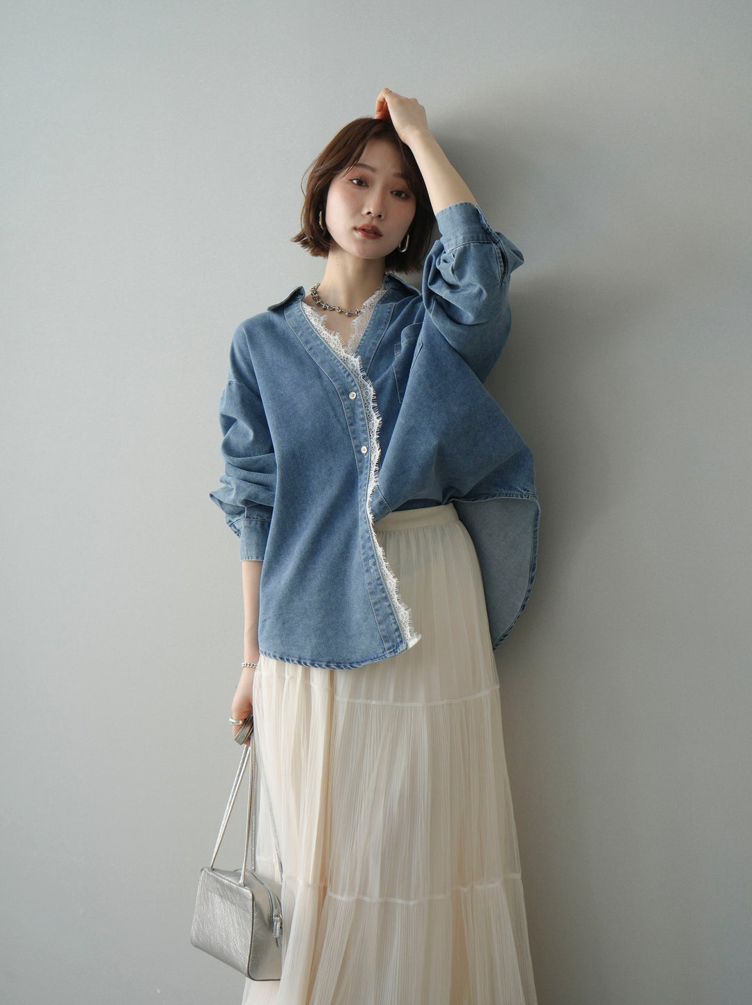 [SET]レースレイヤードデニム開襟シャツ+選べるアクセセット(2set)