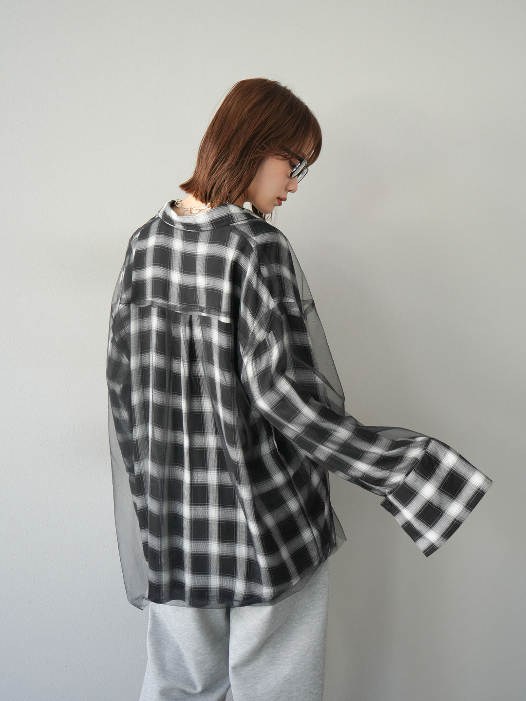 [套裝] 薄紗對接格紋寬鬆襯衫 + 牛仔布 Switch 2-Way 設計運動褲 (2 套)