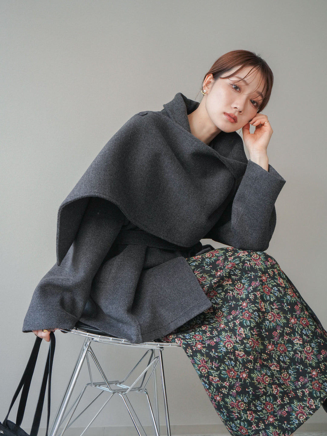 [予約]ストールデザインショートコート/charcoal