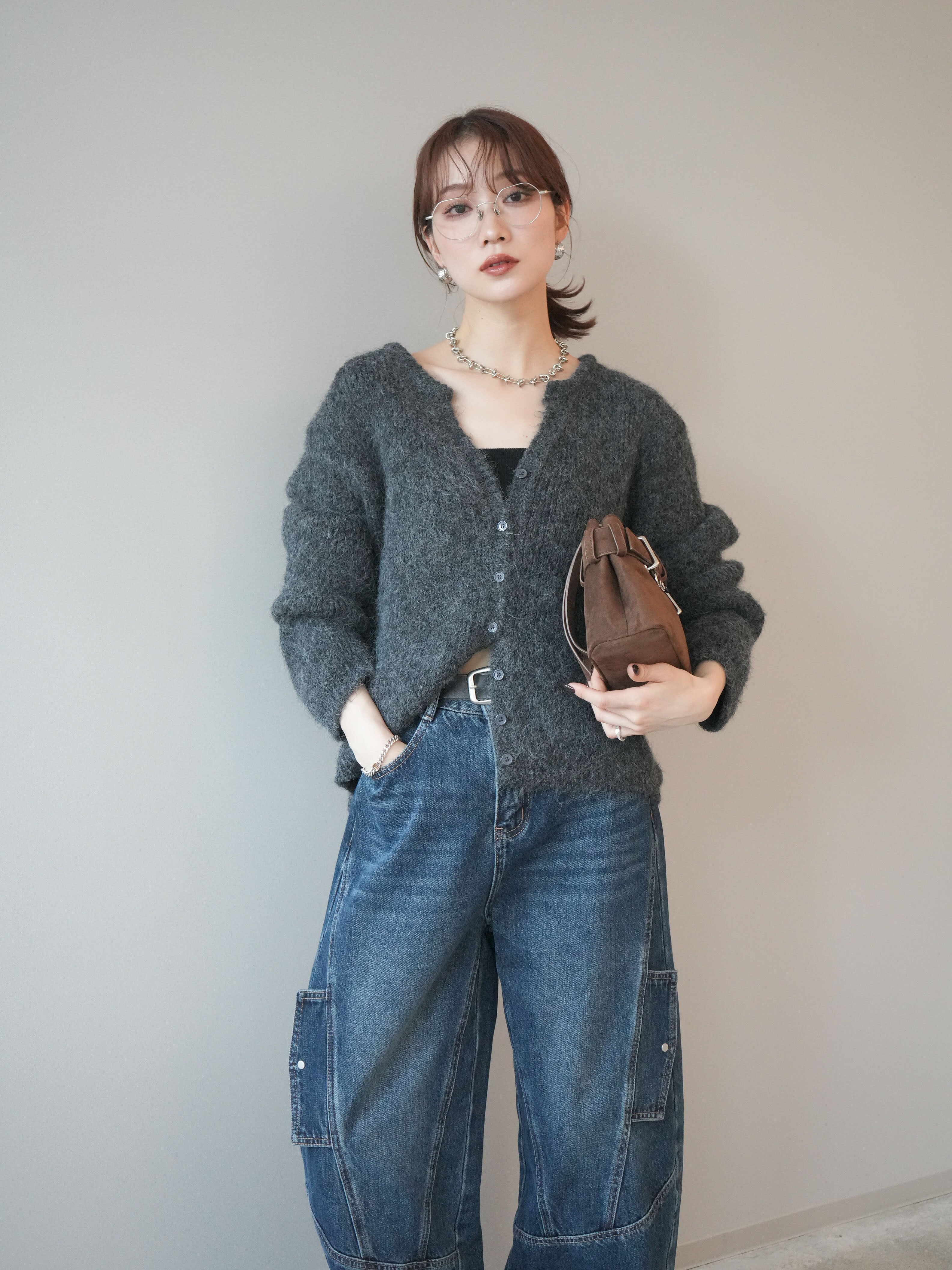 SET]キーネックシャギーニットカーディガン+カーゴデザインコクーン