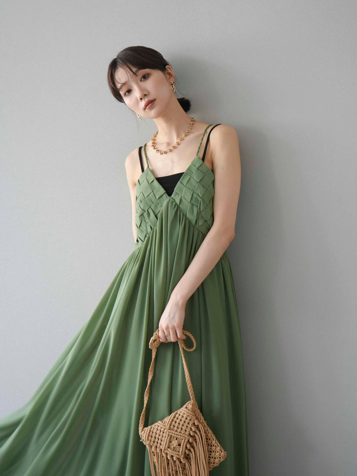 [予約]編み込みデザインシフォンワンピース/グリーン