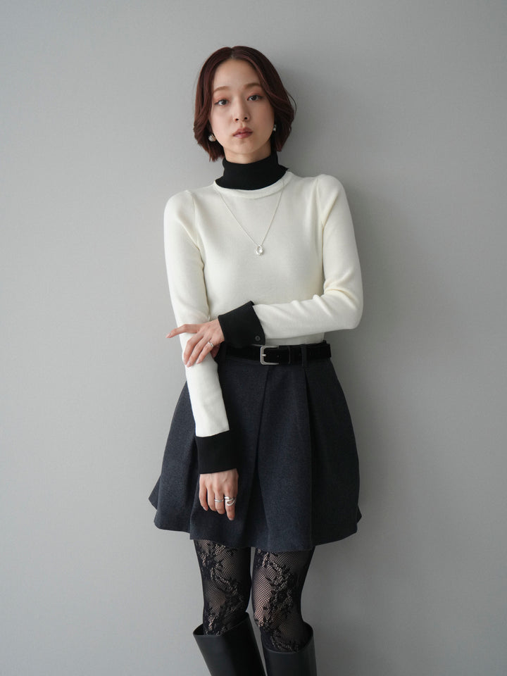 [予約]バイカラーレイヤードデザインタートルニットトップス/offwhite