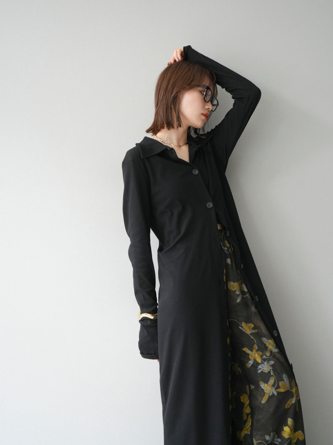 [SET]襟付きカットリブボタンワンピース+フラワープリントチュールレイヤードパンツ(2set)