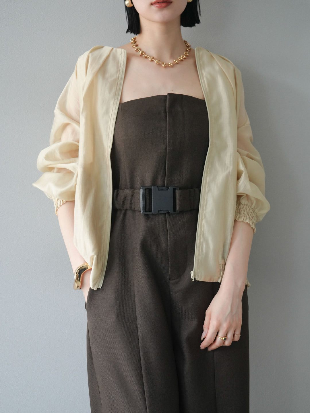 【預購】混色斜紋腰帶熊圖案工裝褲/棕色