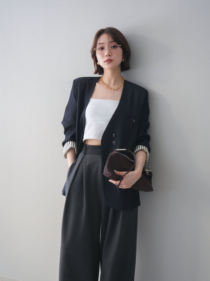 [SET]ノーカラージャケット+カップ付テレコリブベアキャミソール+サテンベルトタックワイドパンツ(3set)