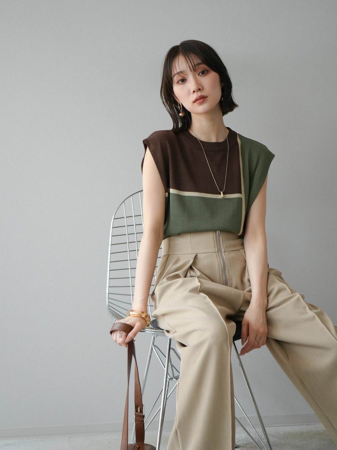 [予約]配色ノースリーブニットプルオーバー/ブラウン