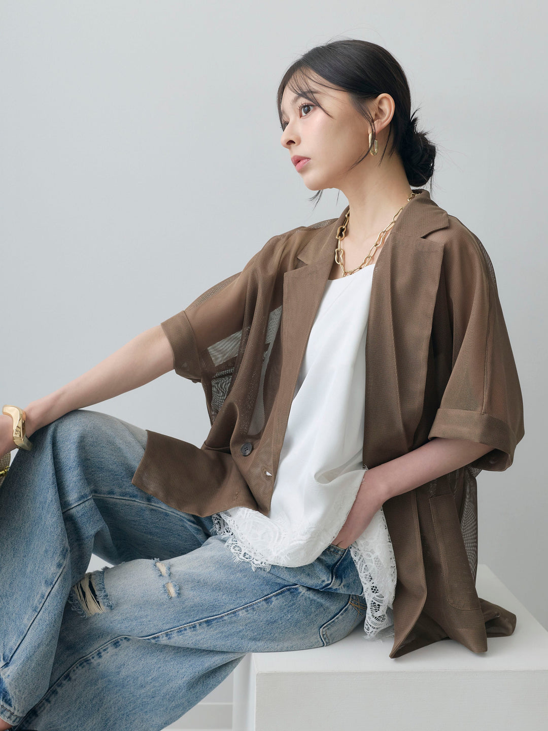 [SET]メッシュハーフWジャケット+ダメージデニムセミワイドパンツ(2set)