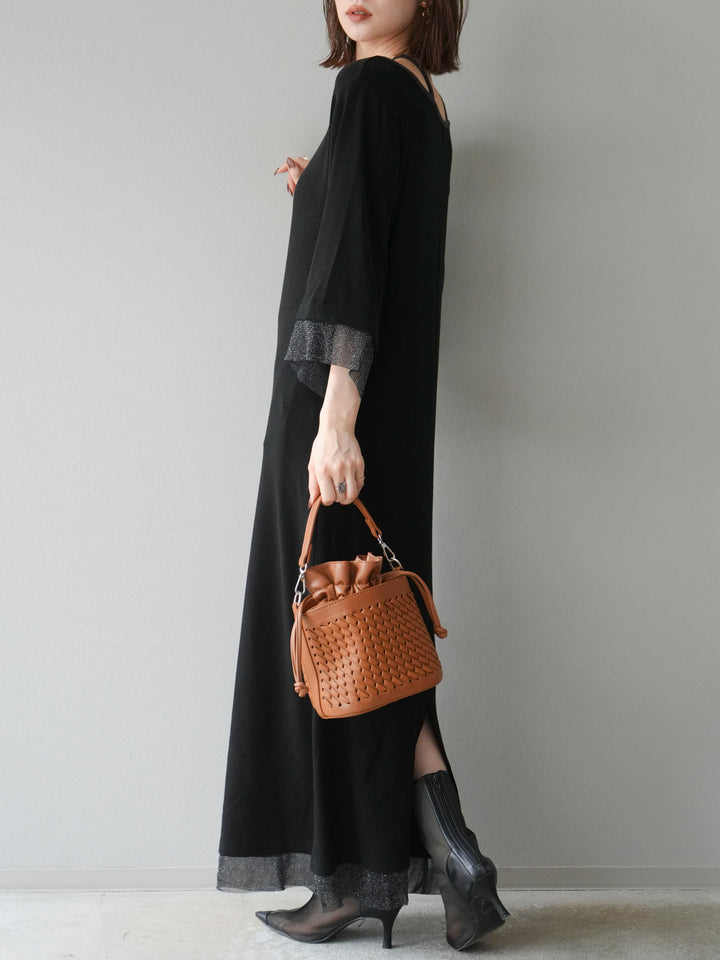 [予約]デザインネックラメシアー切替ニットワンピース/ブラック