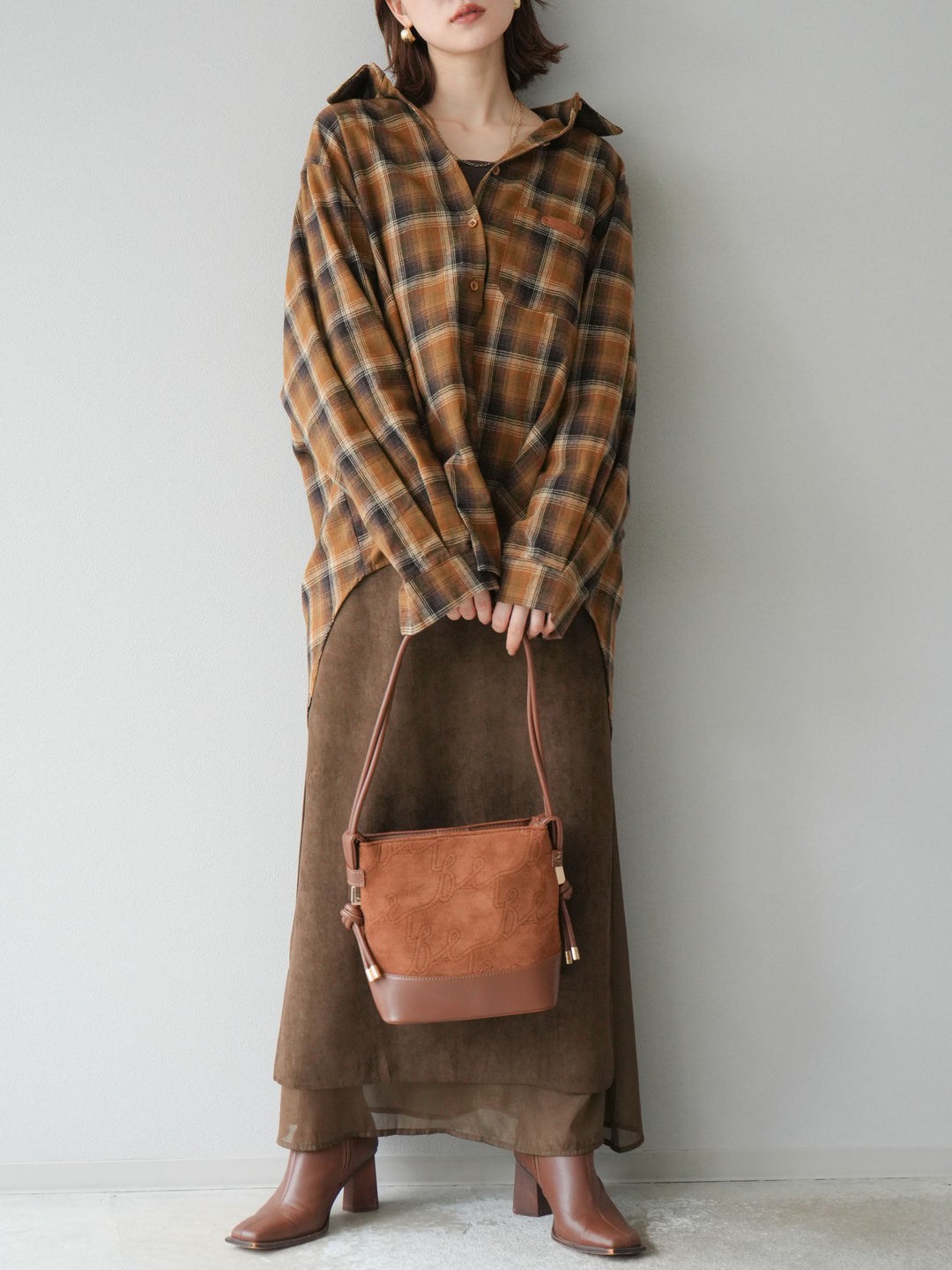 [予約]起毛チェックオーバーシャツ/キャメル