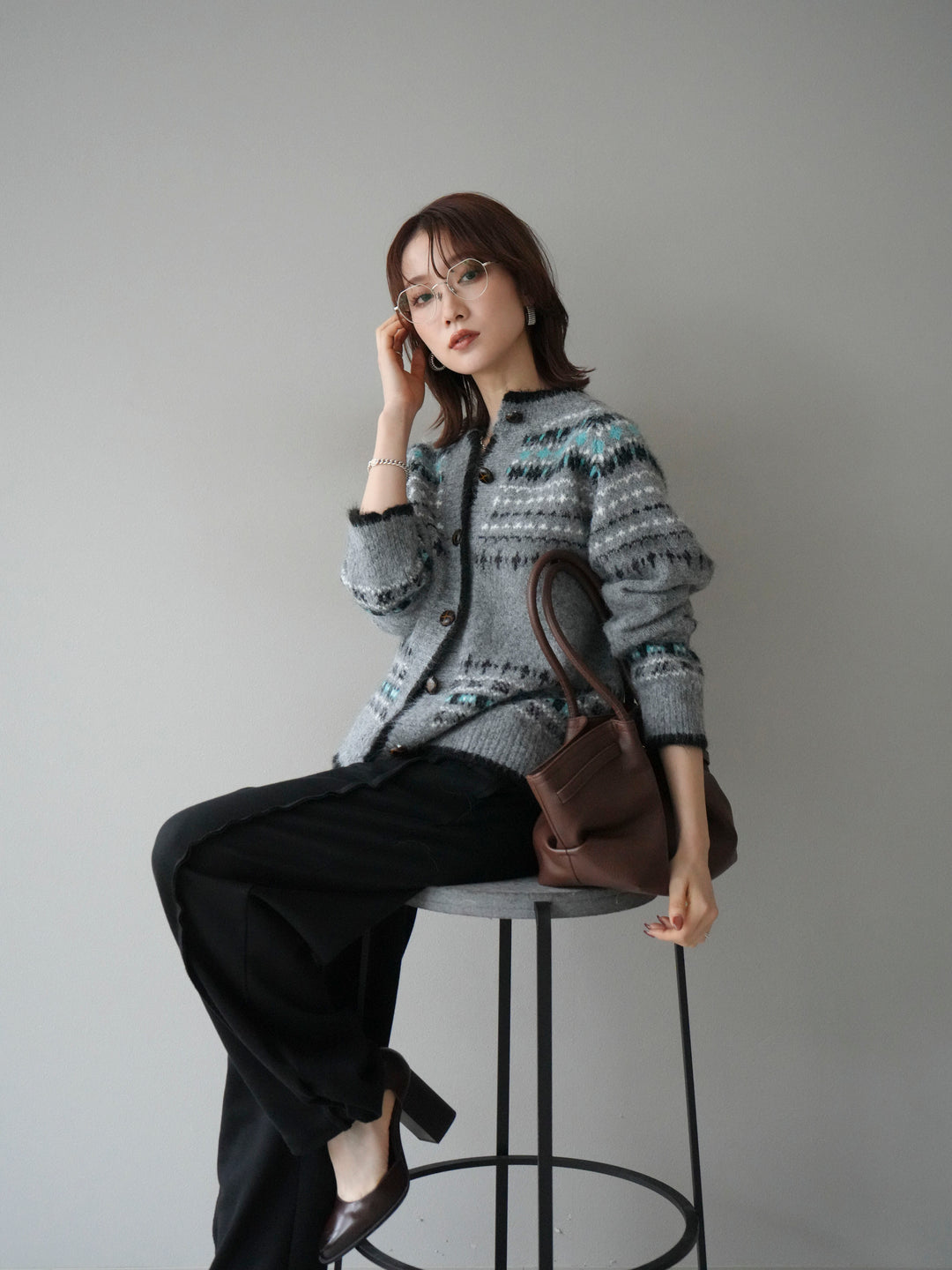 [SET]求心柄ウッドボタンニットカーディガン+求心柄ウッドボタンニットカーディガン(2set)