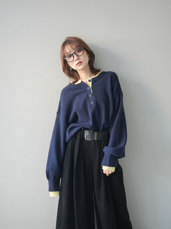 [予約]ヘンリーネック配色レイヤードニットプルオーバー/navy