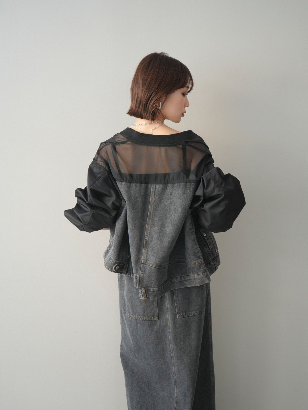 [SET]異素材デニムブルゾン+フロントジップデニムスカート(2set)