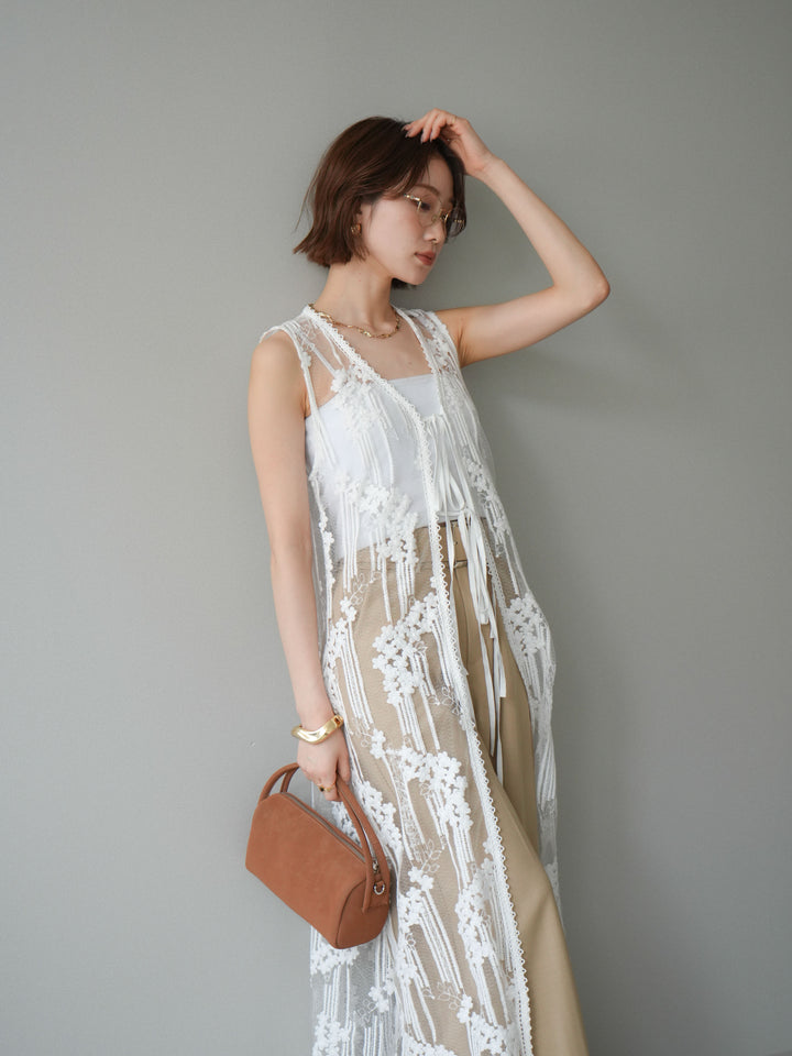 【套裝】設計師蕾絲長洋裝背心+內建胸罩的羅紋抹胸吊帶衫（兩件套）