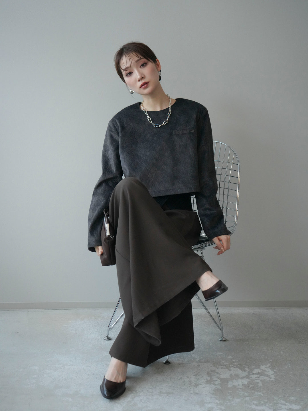 [予約]リブニットレイヤードスエードプルオーバー/charcoal