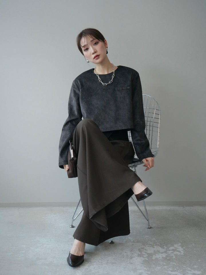 [予約]リブニットレイヤードスエードプルオーバー/charcoal