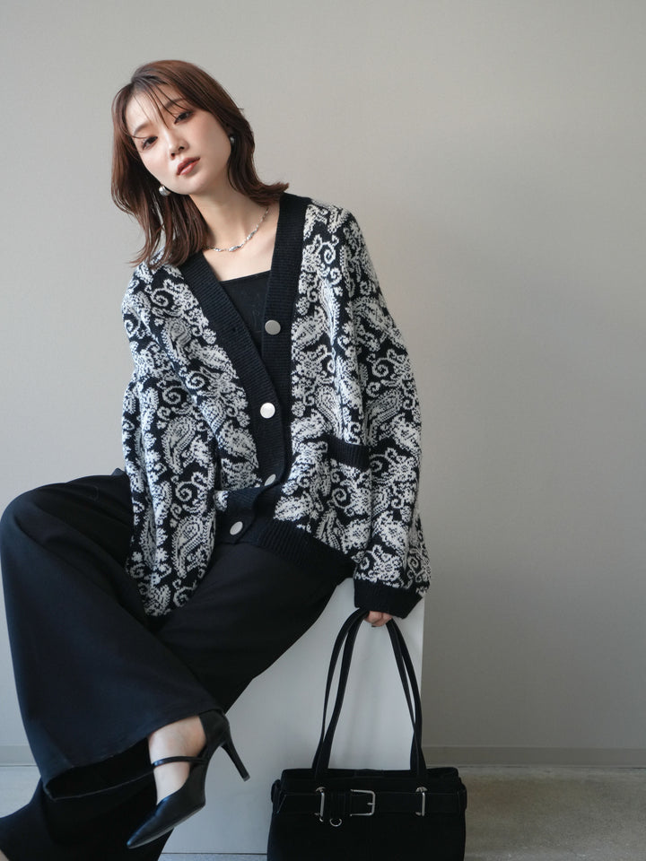 [予約]ペイズリー柄ニットカーディガン/black