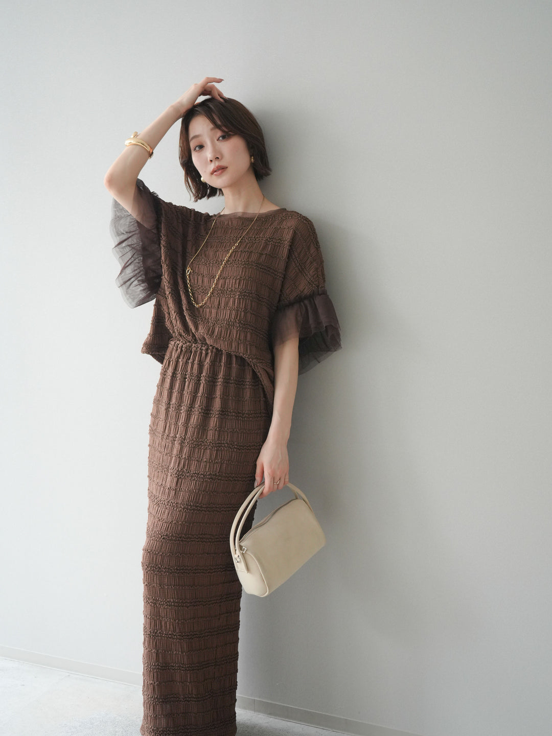 [SET]チュール袖リップルトップス+リップルIラインスカート(2set)