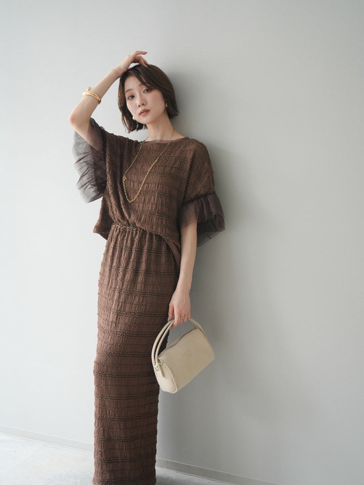 [SET]チュール袖リップルトップス+リップルIラインスカート(2set)