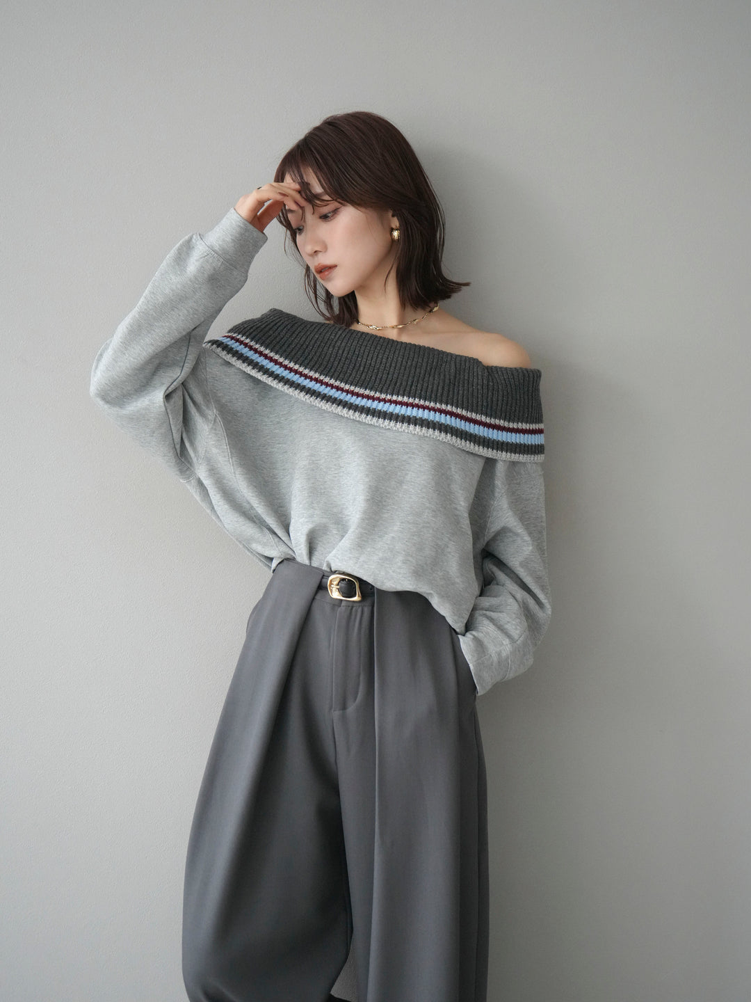 [予約]ボーダーニットオフショルダーxスウェットプルオーバー/gray