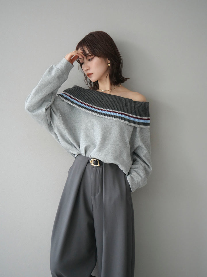 [予約]ボーダーニットオフショルダーxスウェットプルオーバー/gray