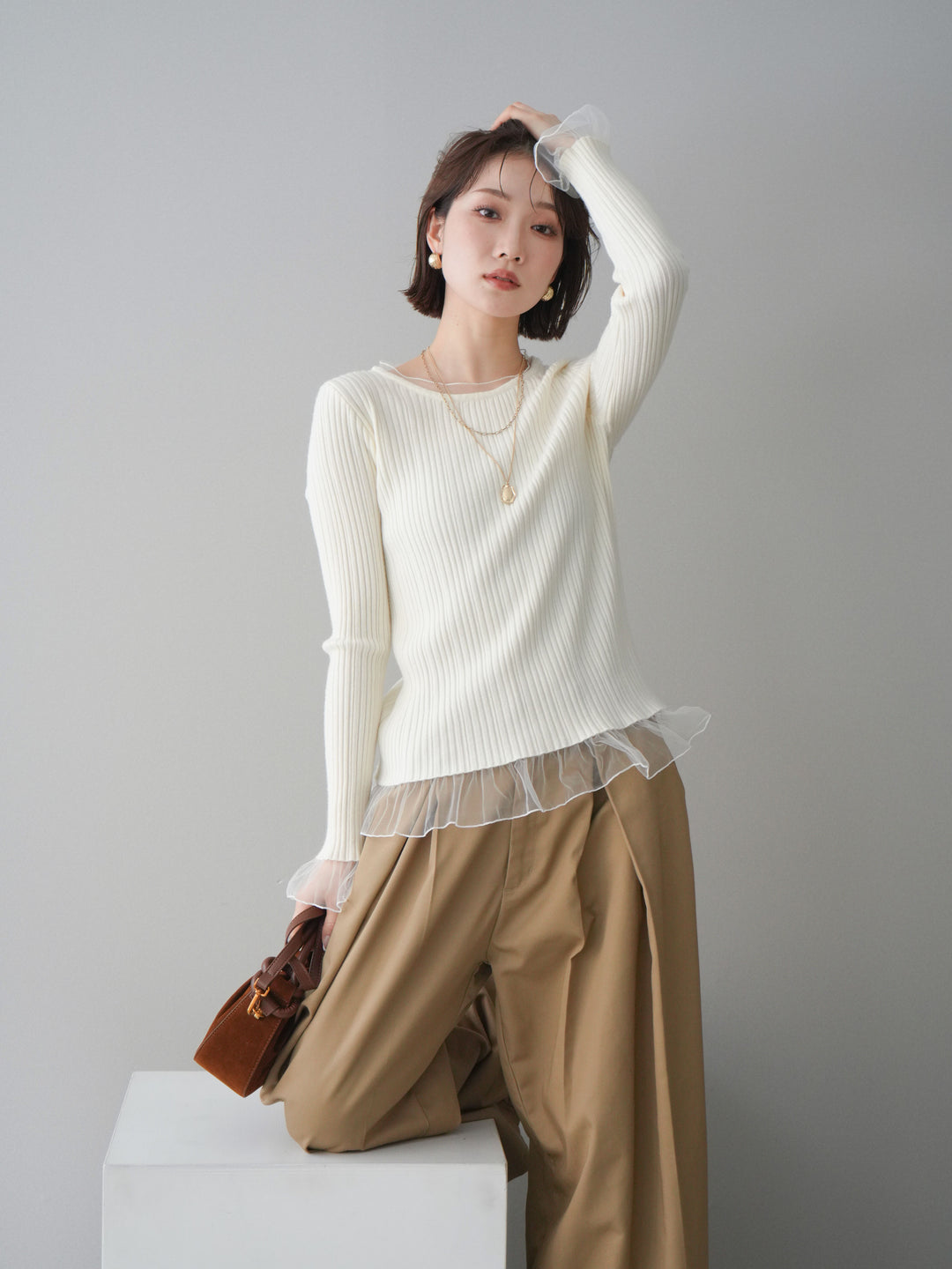 [予約]チュールレイヤードリブニットトップス/ivory