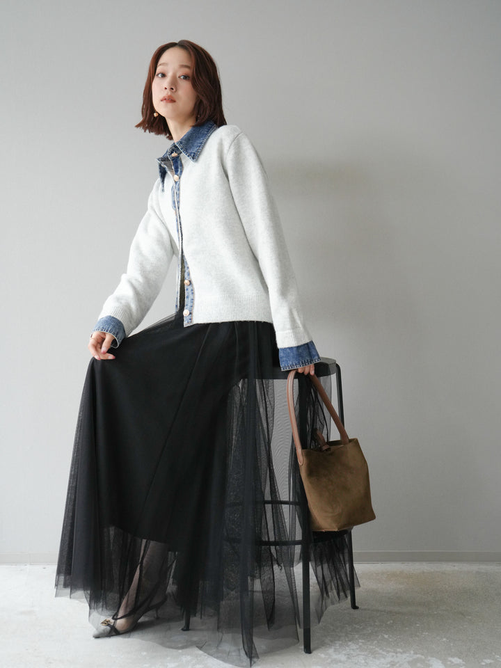[SET]デニム襟ボタンニットカーディガン+チュールボリュームスカート(2set)