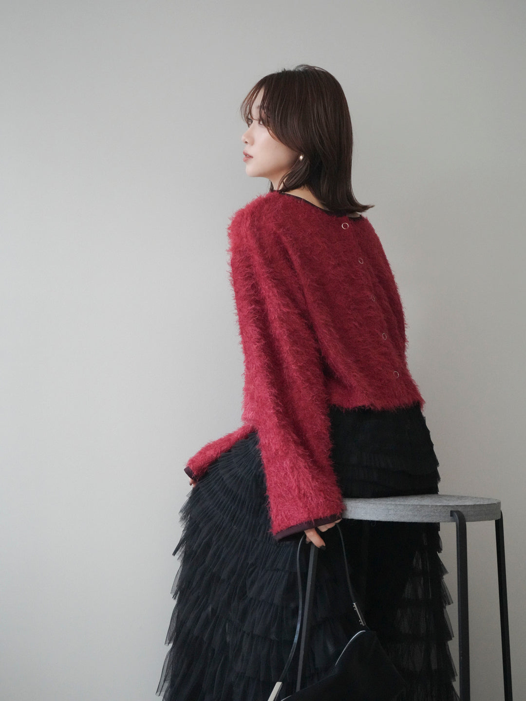 [予約]バイカラー2WAYシャギーニットカーディガン/red