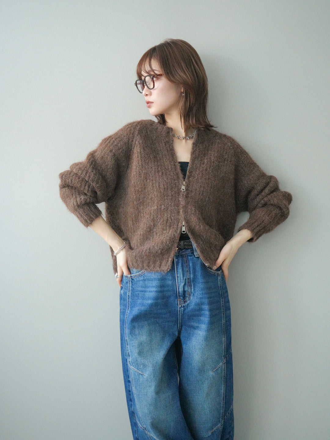 [予約]MIXヤーンモヘアタッチZIPニットカーディガン/brown