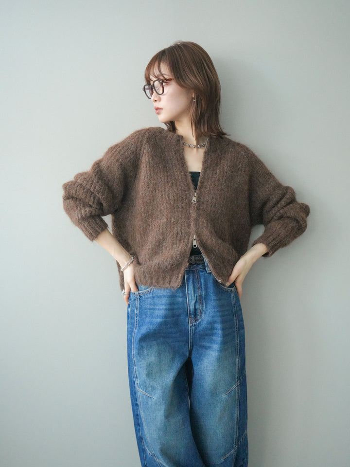 [予約]MIXヤーンモヘアタッチZIPニットカーディガン/brown