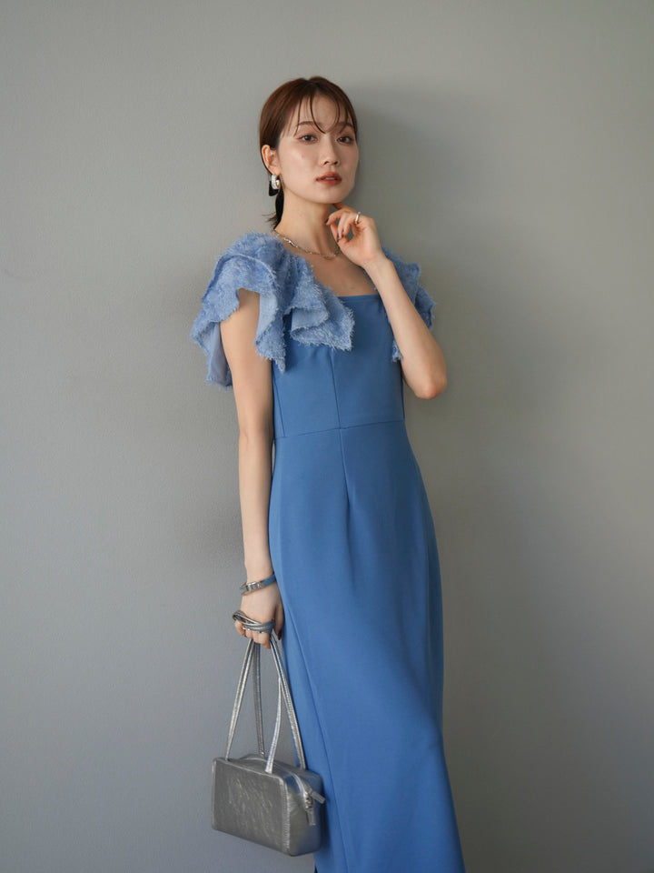 [予約]ジャガードフレアスリーブドレス/ブルー
