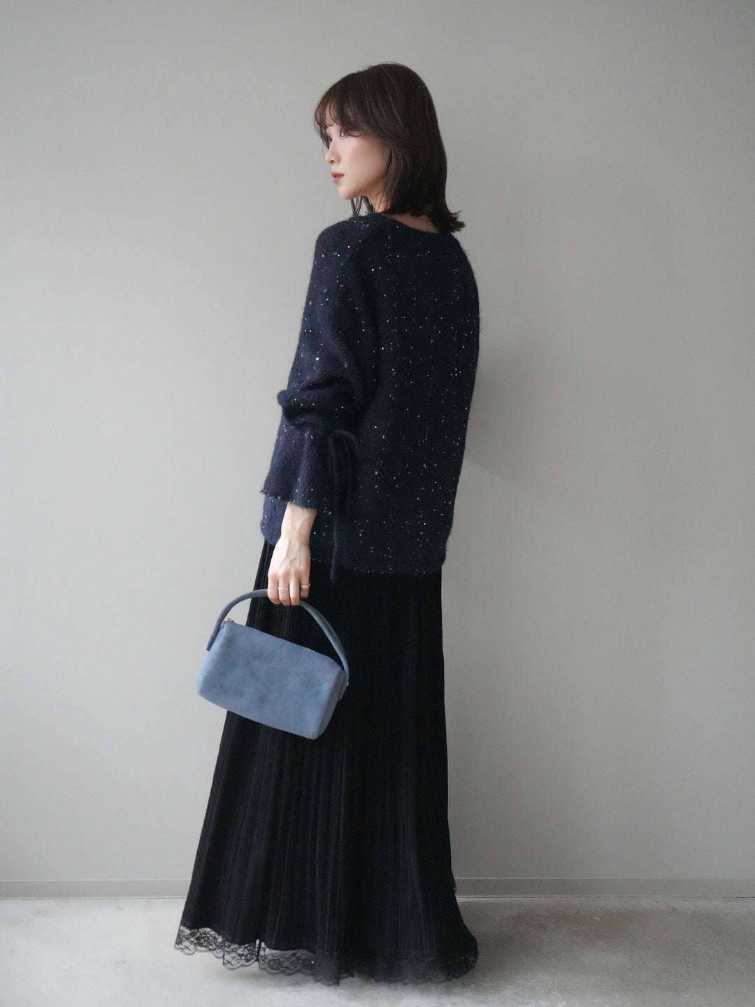 [SET]キャンディースリーブカラーネップスパンコールニットプルオーバー+裾レーススウェードプリーツマキシスカート(2set)