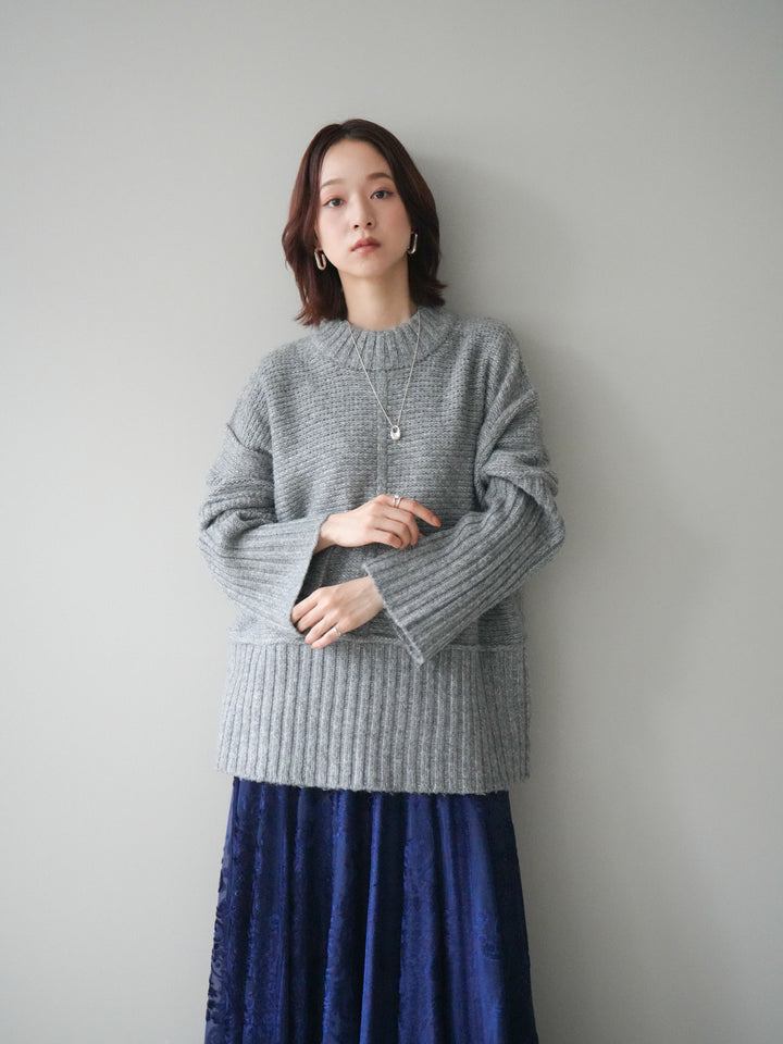 [SET]編み地切替ボトルネックニットプルオーバー+アンティーク柄フロッキーマキシスカート(2set)