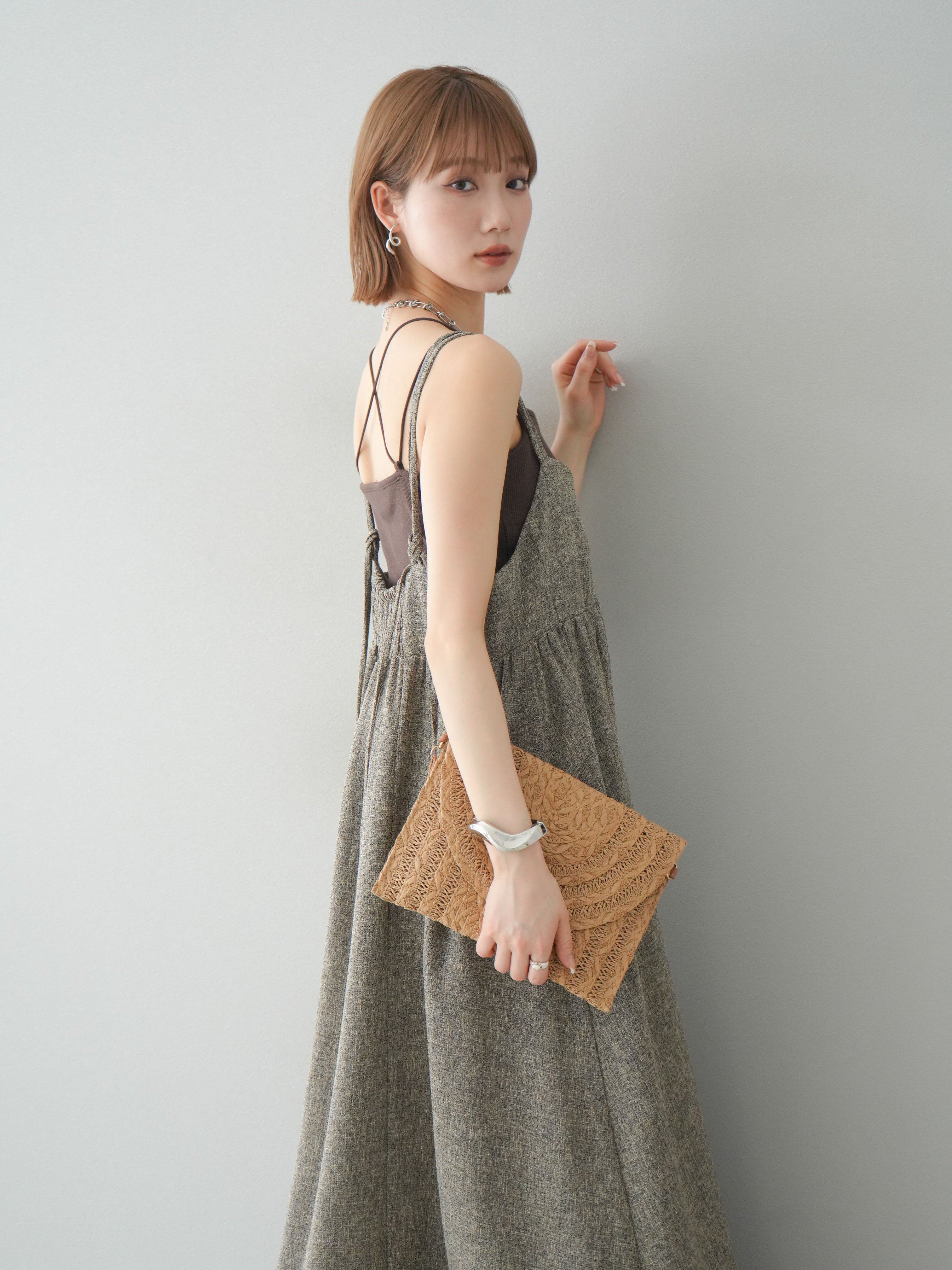 未使用45r 藍インドリネンシルクツイードキャミソールインディゴ ボタニカルプリントキャミソールワンピース／ウォッシャブル｜FRAY I.D