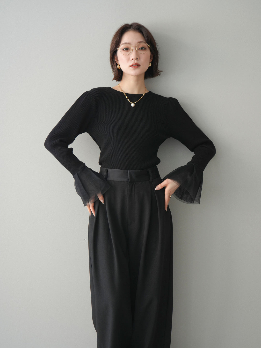 [SET]袖チュールパワショルリブニットトップス+選べるアクセセット(2set)